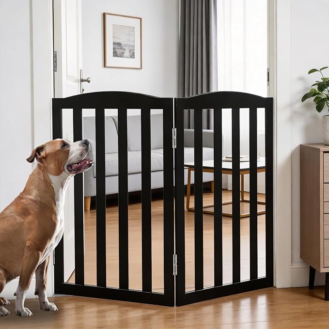Freestanding Dog Gate Indoor,Doggie Gate Foldable Pet Gates for Doorways,Stairs or Hallways, Wooden Black Pet Gate for the House, Pet Fence,32 "Height-2 Panels