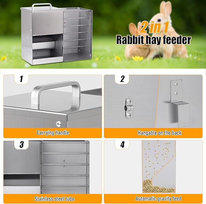 Rabbit Feeder for Cages, 2 in 1 Rabbit Hay Feeder Set, 5L Automatic Rabbit Pellet Feeder and Small Animals Hay Manger for Guinea Pig Chinchilla Bunny