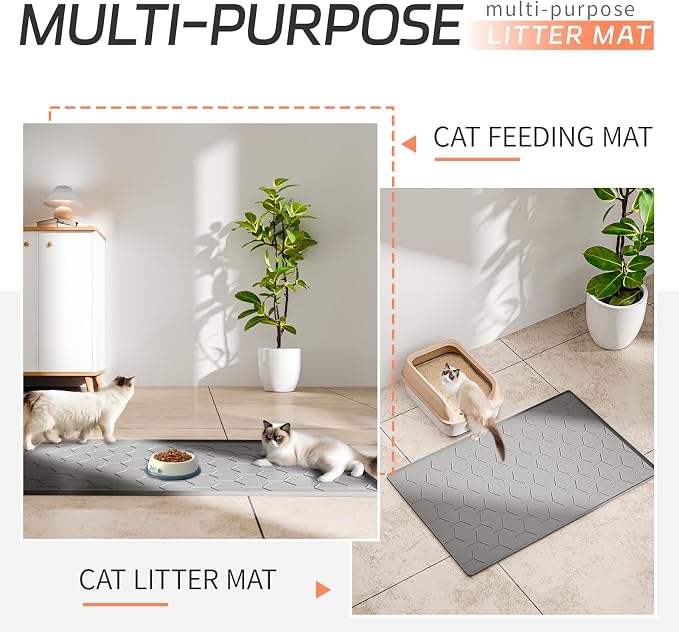 Bulkniu Large Silicone Cat Litter Mat, Waterproof/Urineproof, Litter Recycling, Easy to Clean, Soft on Kitty Paw (22"X34"- Grey)