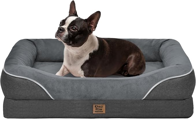 Chez Paw Orthopedic Dog Bed for Medium & Large Dogs, Waterproof Egg-Crate Foam Dog Bed with Removable Washable Cover, 4-Sided Bolster Support & Non-Slip Bottom, Grey 36"x27"x7"