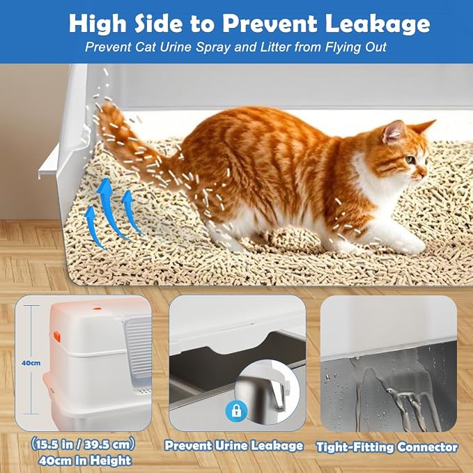 SZEE Stainless Steel Litter Box with Lid, Easy to Clean and NO Absorb Odor, Extra Large Litter Box with Open/Enclosed Modes, Includes Litter Scoop, Litter Mat & Trapping Box