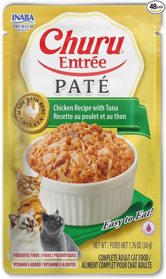 INABA Churu Entrée Pate for Cats, Grain-Free, High Moisture, Prebiotic Wet Cat Food, 1.76oz. per Pouch, 48 Pouches, Chicken with Tuna Recipe