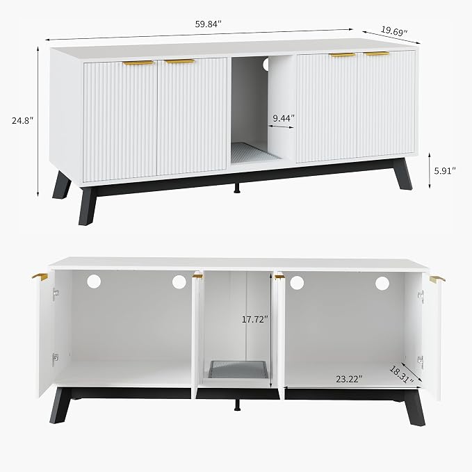 Garvee Cat Litter Box Enclosure for 2 Cats, 59" Hidden Litter Boxes Furniture with Cat Litter Mat, Large Indoor Pet House with Double Room, Wooden TV Stand Side Table, White