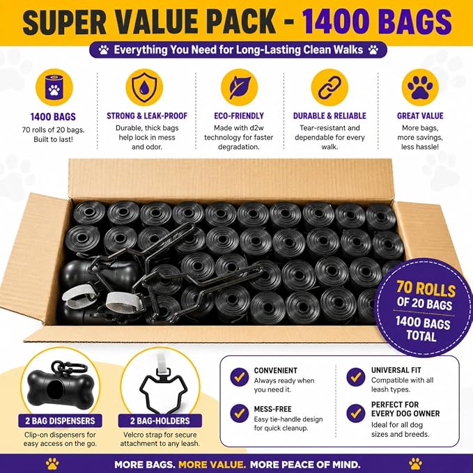 Dog Poop Bags Value Pack (1400 ct.) Extra Thick Strong Doggy Bags Guaranteed Leak-Proof Biodegradable Poop Bags w/Dispenser Eco-friendly Landfill-Degradable Refill Rolls (Black, 70 Rolls, Unscented)