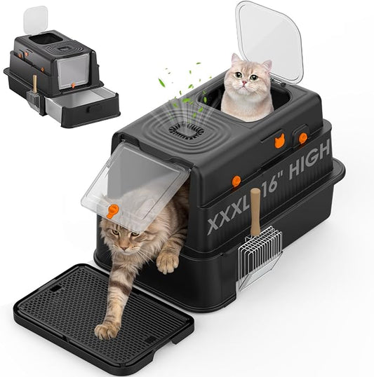 Stainless Steel Litter Box with Lid: XL Extra Large Cat Litter Box for Big Cats, Enclosed Kitty Litter Boxes with Drawer, High Sided Metal Cat Box with Scoop, Front & Top Entry, Odor Free, Non-Stick