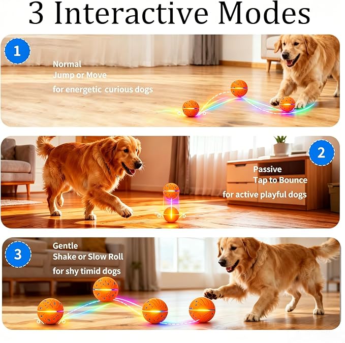 Smart Interactive Dog Toys, 3 Play Modes Smart Moving Bouncing Dogs Ball, E-TPU Moving Dog Toy Ball with RGB Lights, USB Rechargeable, Waterproof Dog Ball, Automatic Dog Toy for Medium & Large Dogs