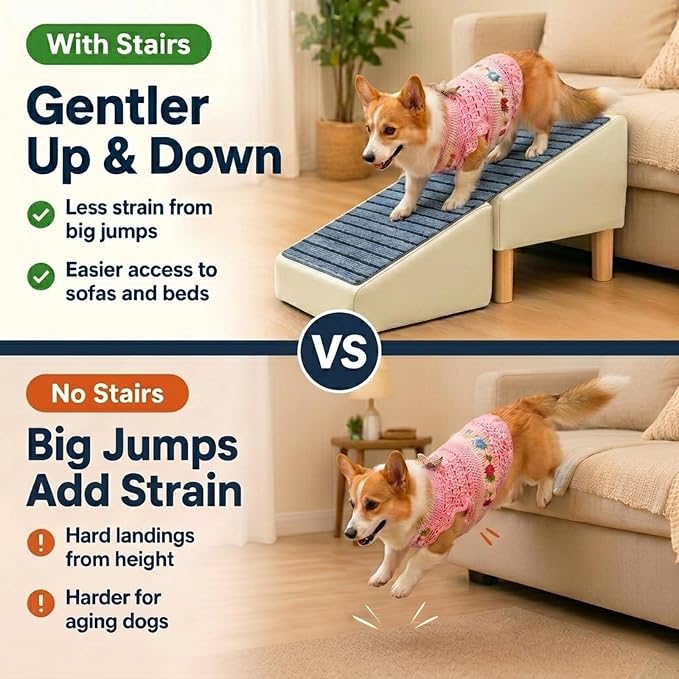 Dog Stairs for Small Dogs, Dog Stairs for Couch& Bed, Non-Slip Foldable 2-in-1 Pet Steps for Cats, Leather Ottoman (Khaki, Large)