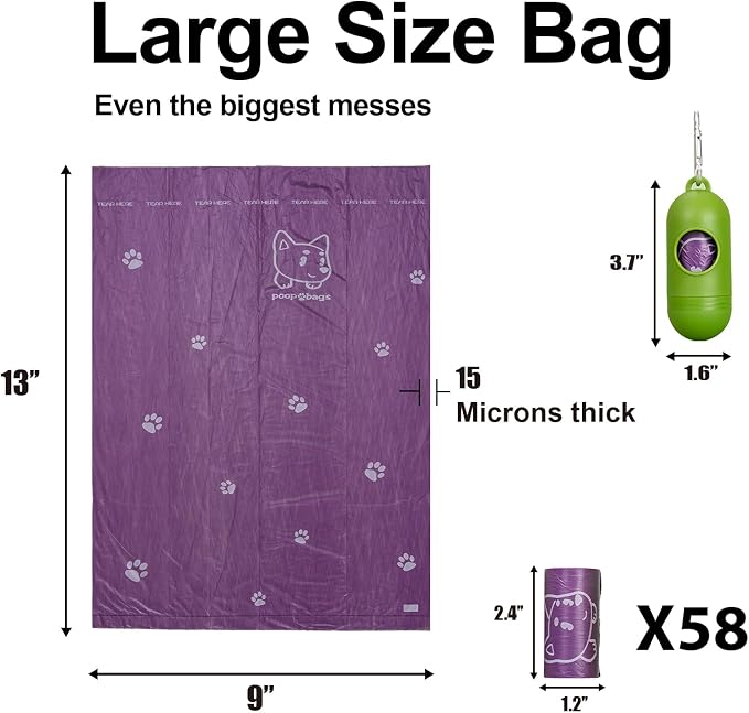 Scented Dog Poop Bags With Dispenser, Strong and Leak-proof Waste Bags for Pets, 870 Count (58 Packs of 15), 13 Inch x 9 Inch (Purple)