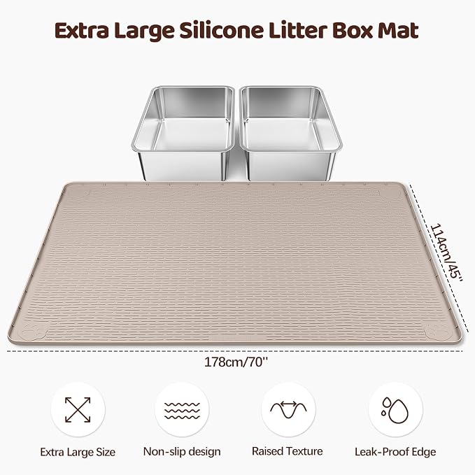 Cat Litter Mat, XXL Extra Large 70" x 45" Silicone Mat Litter Trapping Mat for Scatter Control, Soft on Kitty Paws, Easy to Clean (Khaki)