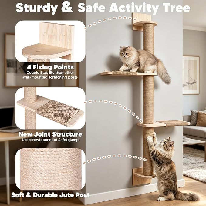 Wall Mounted Cat Tree 47inch, 3 Tier Wood Cat Tower with Natural Jute Rope, Cat Wall Shelves Wall-Mounted Scratching Post Adjustable Cat Tree Tower (3-Tier Cat Tree, Natural Sisal Color)