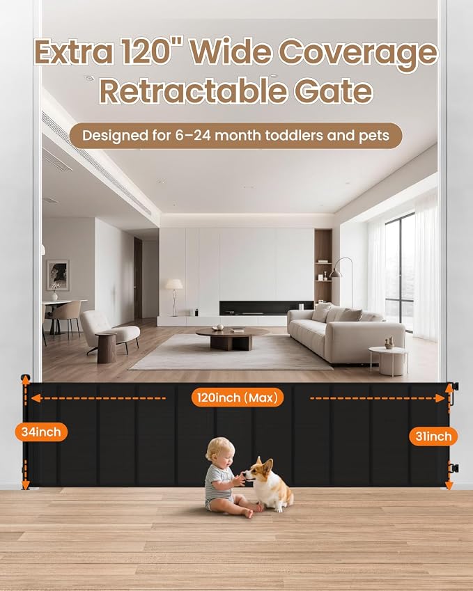 120" Extra Wide Retractable Baby Gate, 34" Tall Multi-Rod Reinforced Mesh Pet Gate for Patios, Deck Access and Indoor-Outdoor Openings, Extra Long Retractable Dog Gate, Black