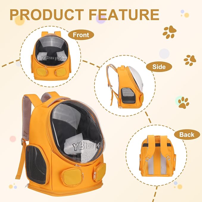 Pet Backpack Carrier, Portable and Ventilated, Oxford Cloth, Dog Cat Travel Bag with Transparent Cover 13.78", (Orange, 1 Pcs), Intended for Hiking/Camping/Traveling