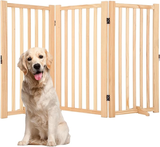 Wooden Freestanding Dog Gate, Foldable Pet Gate with Support Feet, Indoor Dog Fence for The House,Doorways, Stairs，Expandable Pet Fence -3 Panel H:36”