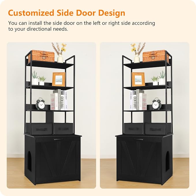 DWANTON Litter Box Enclosure with 3 Storage Shelves and 2 Drawers, 2-in-1 Hidden Cat Litter Box Enclosure Furniture with Shelf, Reversible Entrance, Washable Drawers, 61.8-Inch, Black
