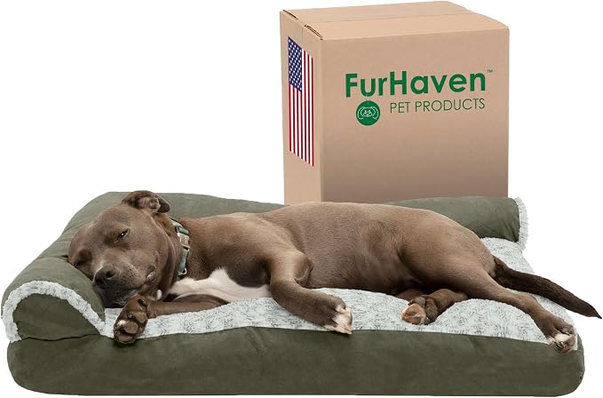 Furhaven Pillow Dog Bed for Large/Medium Dogs w/ Removable Bolsters & Washable Cover - Two-Tone Plush Faux Fur & Suede L Shaped Chaise - Dark Sage, Large