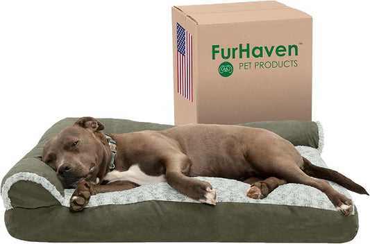 Furhaven Pillow Dog Bed for Large/Medium Dogs w/ Removable Bolsters & Washable Cover - Two-Tone Plush Faux Fur & Suede L Shaped Chaise - Dark Sage, Large