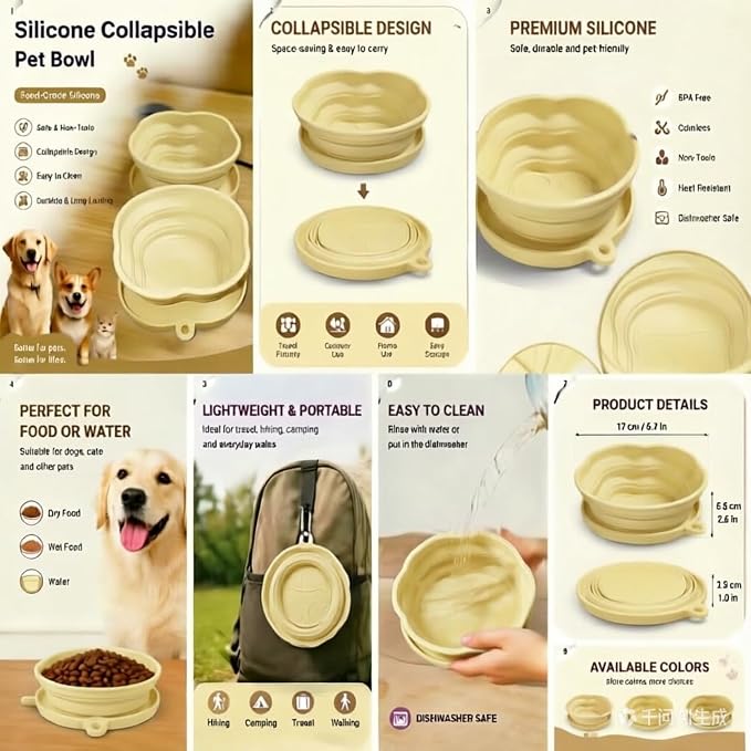 Portable Collapsible Dog Bowl, 2-in-1 Foldable Pet Feeding & Water Dish with Carabiner Lightweight Travel Bowl for Dogs & Cats, Perfect for Walking, Hiking, Camping (Yellow)