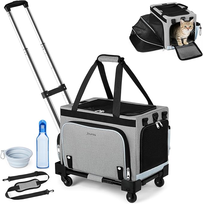 Pet Carrier with Wheels for Cats & Small Dogs, Airline Approved Cat Carrier, Expandable Soft Sided Pet Travel Carrier with Removable Trolley, Mesh Ventilation, Includes Water Bottle & Collapsible Bowl