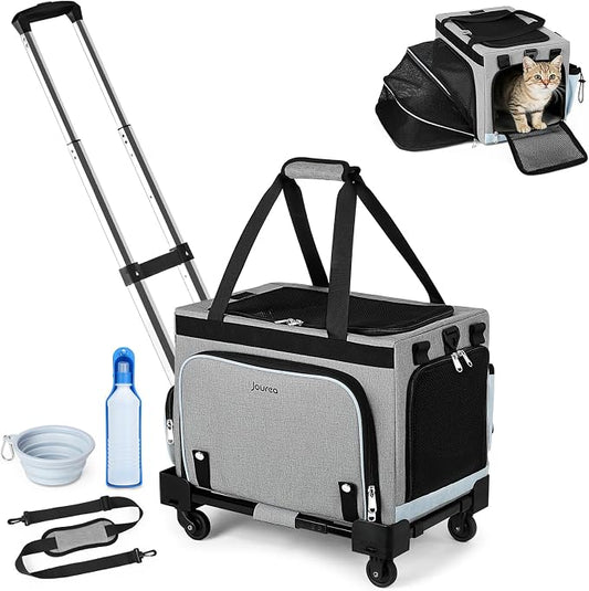 Pet Carrier with Wheels for Cats & Small Dogs, Airline Approved Cat Carrier, Expandable Soft Sided Pet Travel Carrier with Removable Trolley, Mesh Ventilation, Includes Water Bottle & Collapsible Bowl