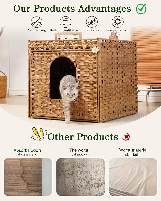 SETVSON Cat Litter Box Enclosure Furniture, Large Hidden Litter Box Furniture, Handwoven Rattan Cat House Cabinet, One Mat, Two S-Shaped Hooks, Living Room, Apartment 21.6 X 26 X 21.6 Inches, Natural