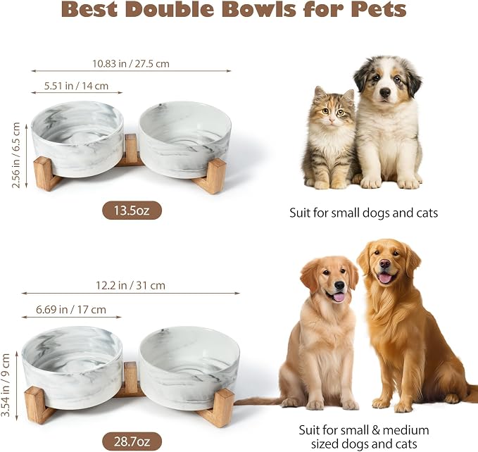 Dog Bowls Set with Wood Stand, 1.7-Cup Ceramic Puppy Bowls for Small Dogs,Weighted Food Water Bowl Set for Dog and Cat