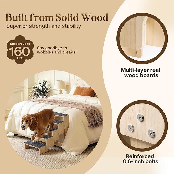 5-Step Wooden Dog Steps for Bed, Anti-Slip Dog Stairs with Carpet Pads, 23.6 Inches Pet Ramp for Dogs to Get on Bed, Pet Stairs for Old & Senior Dogs/Cats, Pet Steps Ladder for High Beds/Couch Sofa