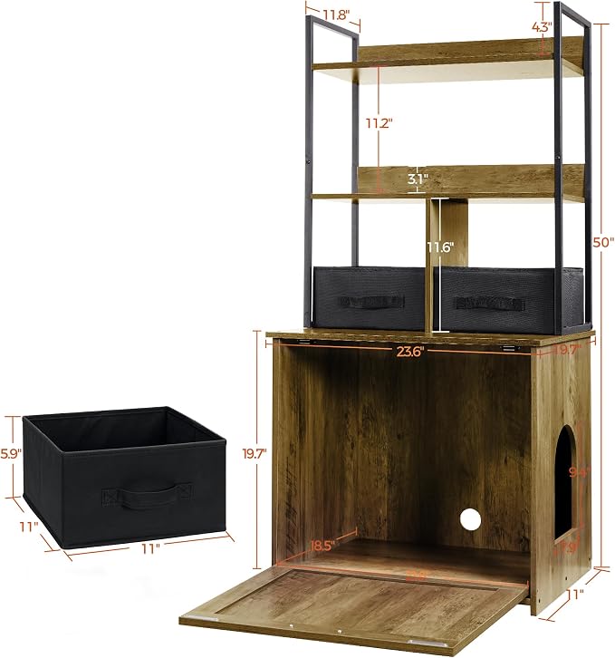 Dwanton Litter Box Enclosure with 2 Storage Shelves and 2 Drawers, 2-in-1 Hidden Cat Litter Box Enclosure Furniture with Shelf, Reversible Entrance, Washable Drawers, 50-Inch, Warm Brown