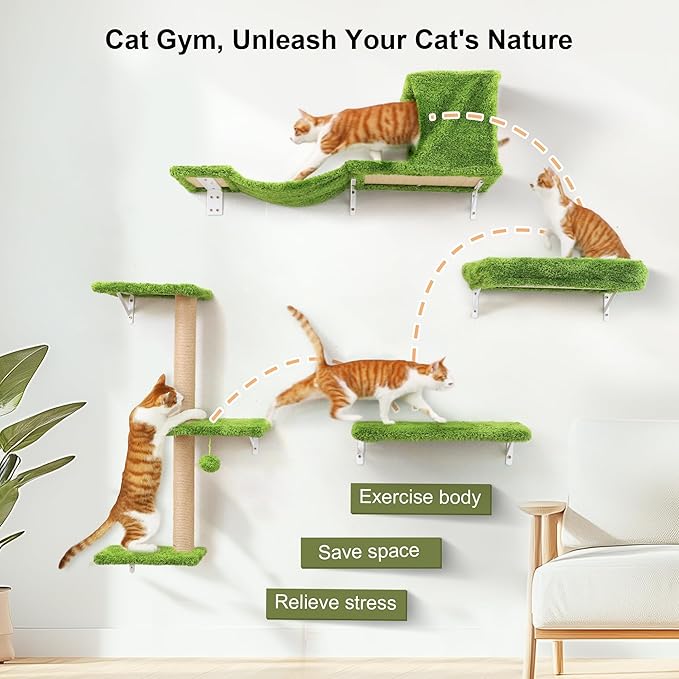 FUKUMARU Cat Wall Shelves, Stable & Safe 4 in 1 Cat Walls Furniture Set, Wooden Kitten Climbing Wall with Scratching Post for 16 Inch Drywall - Green