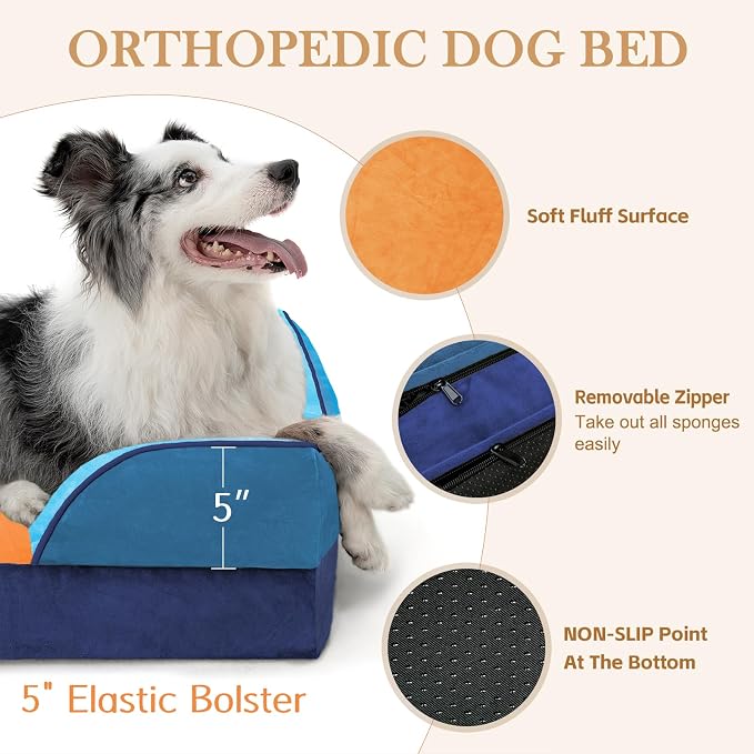 Comfort Expression Orthopedic Dog Bed for Large Dogs 36x27 Inch, Waterproof Egg Crate Foam Large Pet Bed with Bolsters, Dog Couch with Washable Cover & Non-Slip Bottom, Golden Harbor