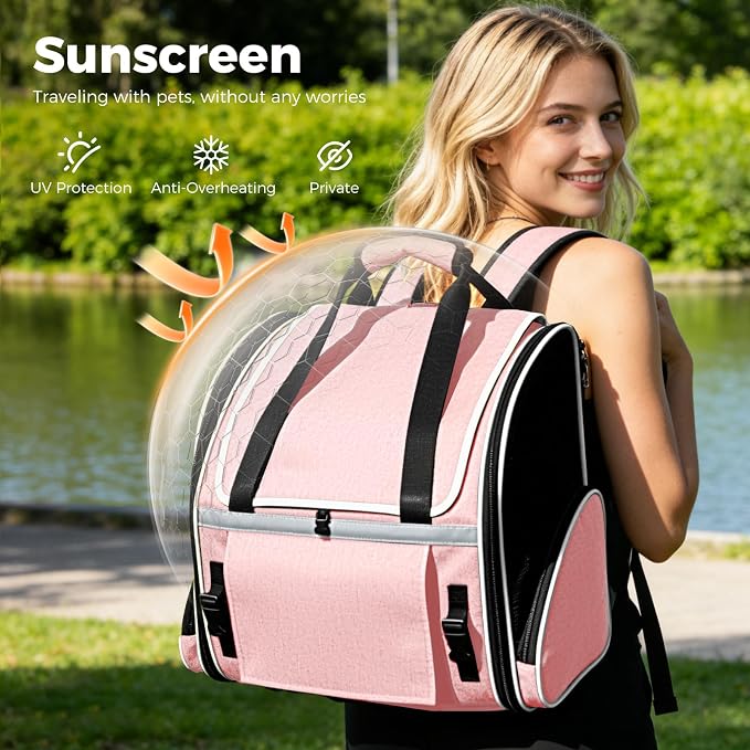 Lekereise Widened Pet Backpack Travel, Wide Pet Carrier Backpack for Cats and Small Dogs up to 18 lbs, Breathable Mesh Backpack Carrier with Sun Shade, Leash, Hand Carry for Travel Vet Car, Pink