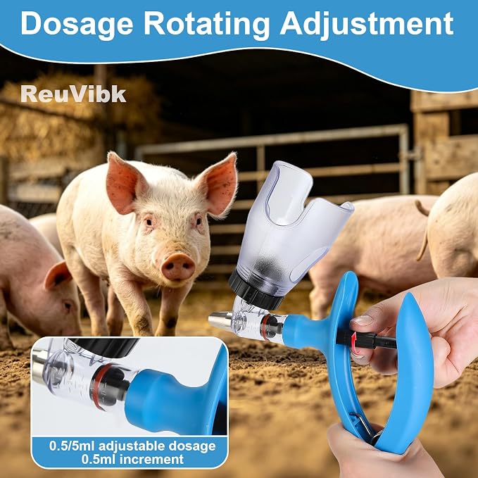 5ML Livestock Syringe Gun, Automatic Self Refill Injection Gun Continuous Adjustable Bottle Attachment Livestock Animal Syringe with 10 Needles, for Chicken, Duck, Pig, Sheep, Cow Poultry (Blue)