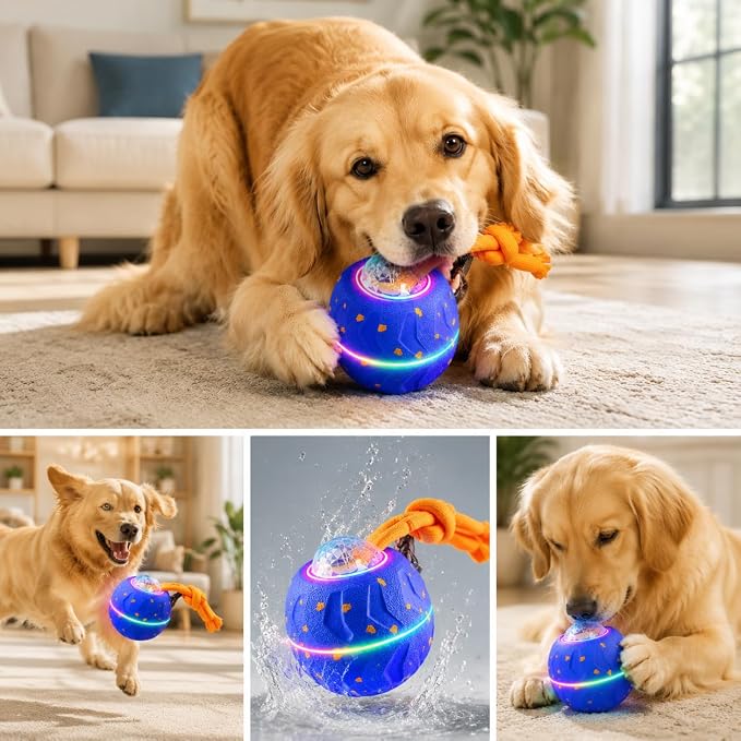 Smart Dog Ball E-TPU Interactive Dog Ball, Automatic Rolling with LED Glow (Blue, Oval)
