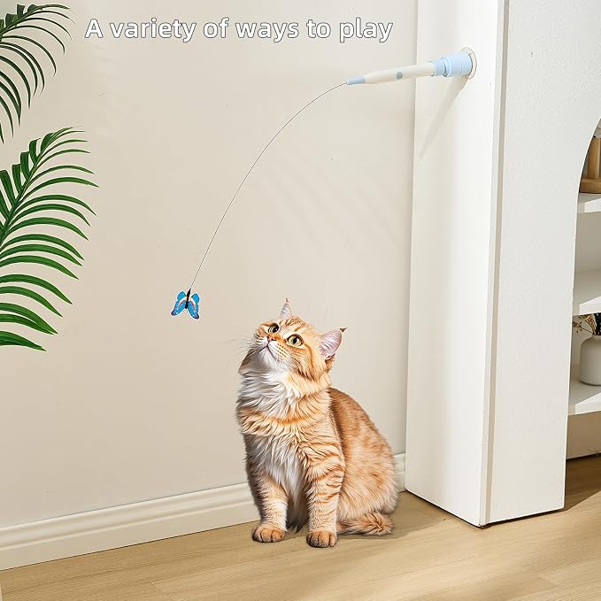Electric Butterfly Cat Wand for Indoor Cats, 360 Spinning Self-Play with 2 Modes & Tap-to-Awake, Rechargeable Cleanable Suction Base, 3 Butterfly Refills, Interactive Cat Toy (A-Blue)