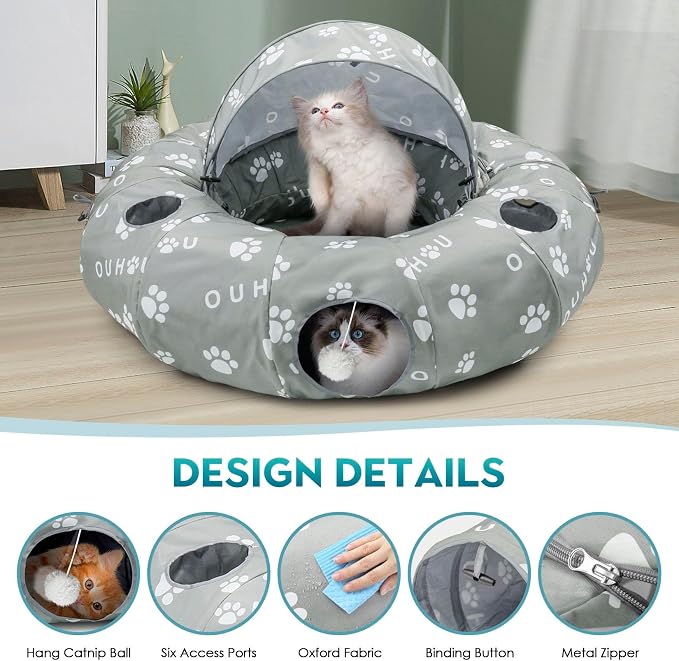 Cat Tunnel Bed for Indoor Cats, Donut Tunnel with Mat, Straight Tunnel, 4 Hanging Balls and Blackout Tent, Collapsible Peekaboo Cat Cave