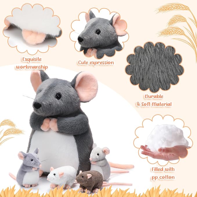 Arrowbash 5 Pcs Mouse Stuffed Animals Set - 14'' Large Mommy Rat Plush with 4 Small Mouse Babies in Zippered Tummy Stuffed Rat Plush Toys for Kids Girls Boys Valentine Birthday Gift(Fluffy Style)