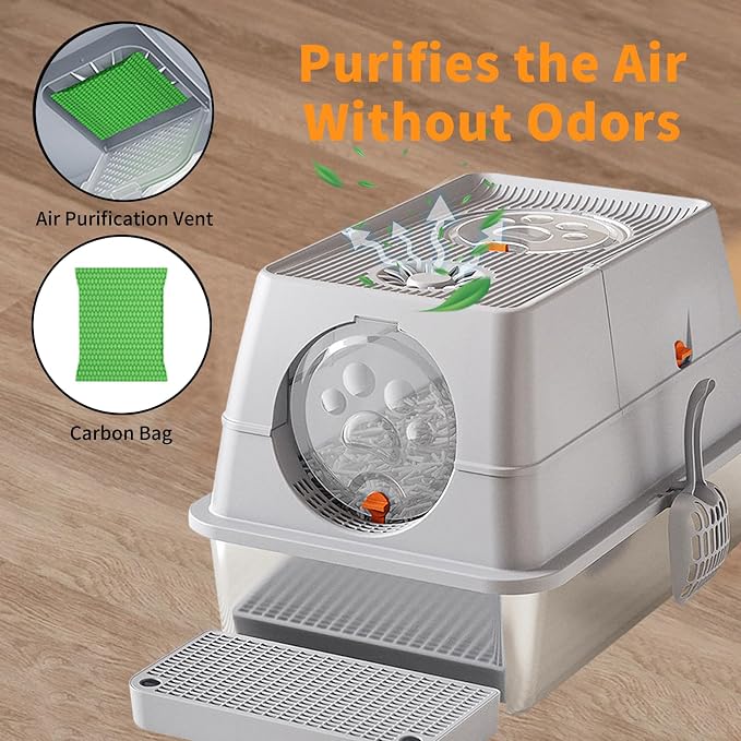FAMILY'S BACKYARD Cat Litter Box Stainless Steel,Kitty Litter Box,Fully Enclosed Stainless Steel XL Large Cat Litterbox with lid, Built-in Deodorizer, Built-in Cat Litter Scoop, Easy to Clean