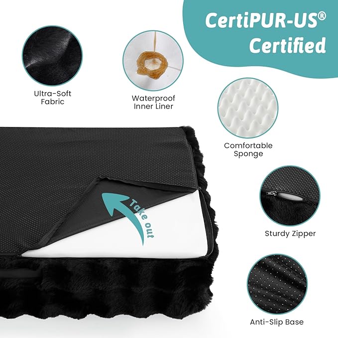 COZY KISS Orthopedic Dog Bed for Large Medium Size Dog, Soft and Warm Faux Fur Sofa for Pet Up to 75 lbs, Foam Bolster Anti-Slip Couch with Washable Removable Cover, L 36x27x6.5 inch, Black