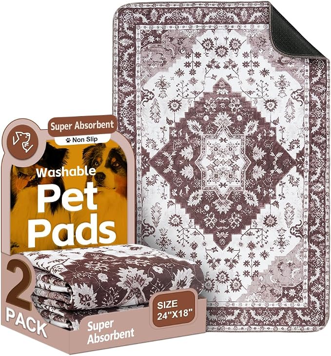 Washable Pee Pads for Dogs 2 Pack Reusable Puppy Training Pads 24"x18" Super Absorbent Waterproof Dog Training Pads, Non-Slip Potty Pads Whelping Pads Litter Mat Pet Supplies - Brown Medallion