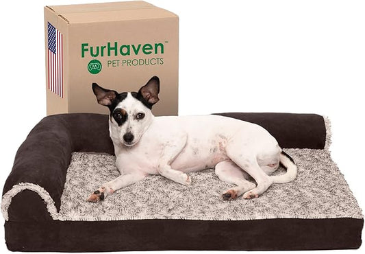 Furhaven Memory Foam Dog Bed for Medium/Small Dogs w/ Removable Bolsters & Washable Cover, For Dogs Up to 35 lbs - Two-Tone Plush Faux Fur & Suede L Shaped Chaise - Espresso, Medium