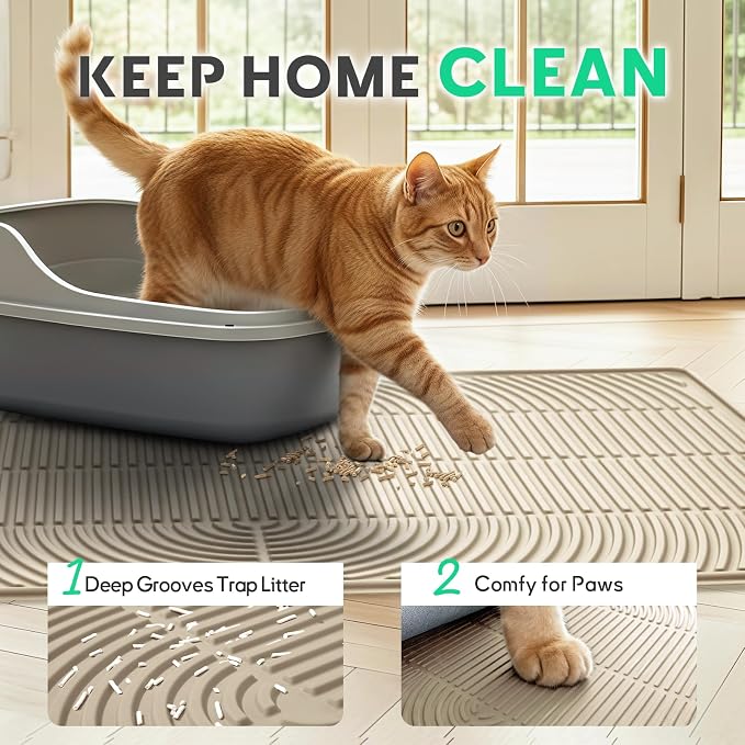 Pawtasy Cat Litter Box Mat,47" x 35" Extra Large Silicone Waterproof Litter Trapping Mat for Scatter Control Soft on Kitty Paws Non-Slip Easy to Clean