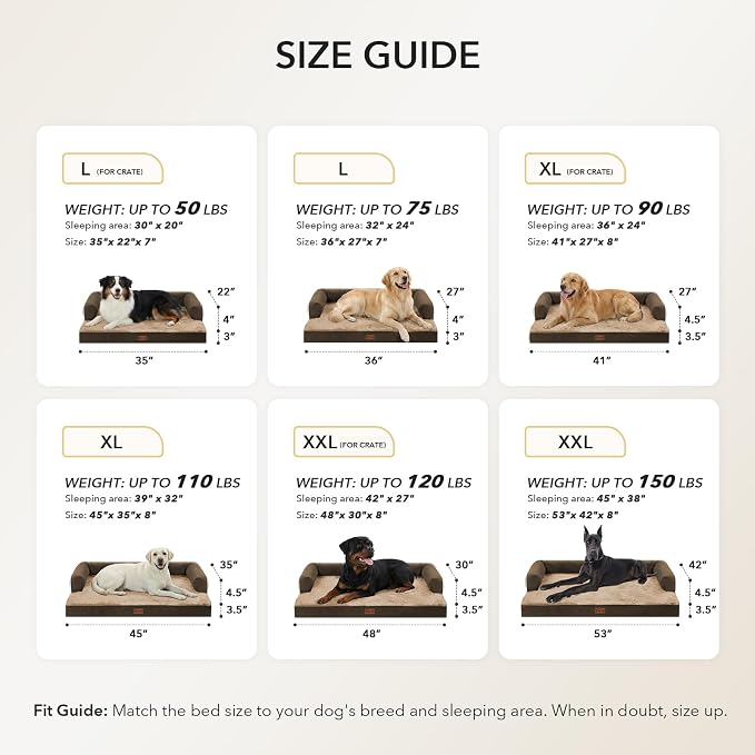 Orthopedic Dog Beds for Large Medium Sized Dogs, Waterproof Egg Crate Foam Large Dog Couch Beds with Comfy Bolster 36x27Inch, Washable Pet Beds with Removable Cover, Brown