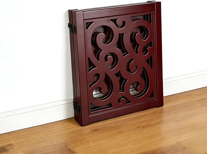 Ashfield & Harkness: 4-Panel Pet Gate - Scroll Mahogany - Wooden Foldable Freestanding Dog Fence, 80 x 23.5, Doorway-Halls-Stairs, 360 Rotated Hinges