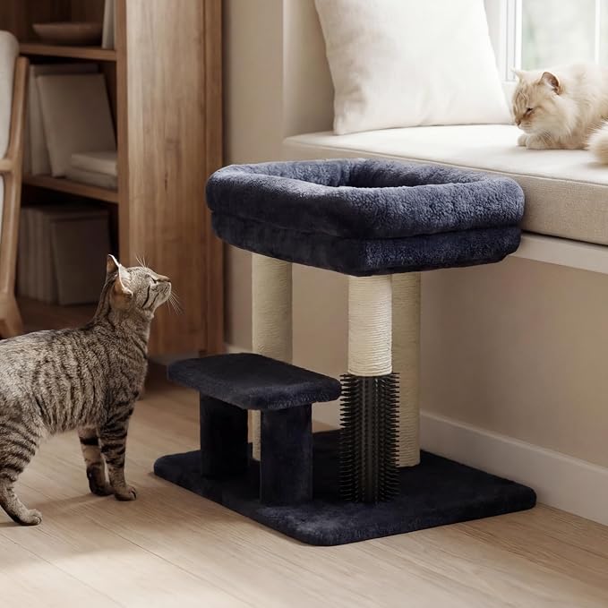 Heybly Cat Scratching Post, Small Cat Tree Tower with 3 Full Sisal Posts, Removable Plush Bed, Grooming Brush, Stable & Space-Saving Cat Furniture with Gentle Step for Indoor Cats, Smoky Gray HSP001SG