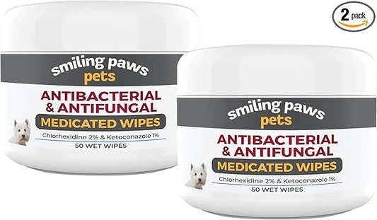 Smiling Paws Pets - Antibacterial & Antifungal Wipe for Dogs & Cats - Contains Ketoconazole & Chlorhexidine - Skin Treatment for Yeast Infection, Ringworm, Pyoderma, Bacteria & Fungus - 50ct (2 Pack)