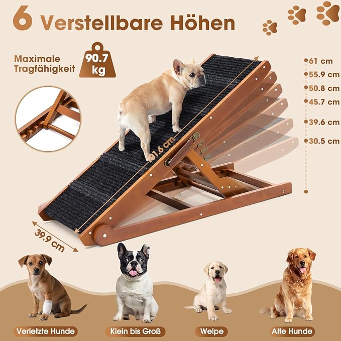 Dog Ramp for Bed - Foldable Small to Large Dog Ramp for Couch - 6 Adjustable Height from 12" to 24" - Stairs with High Traction Mat - Wooden Ramp for Dogs to Get on Bed Couch Car Up to 200LBS（Walnut）