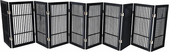 Urnporium Pet Dog Gate Freestanding, Strong Durable Folding Wooden Fence, Portable Acacia Hardwood Safety Barrier for Indoor & Outdoor Use (Black Pet Gate, 10 Panel 30" Tall)