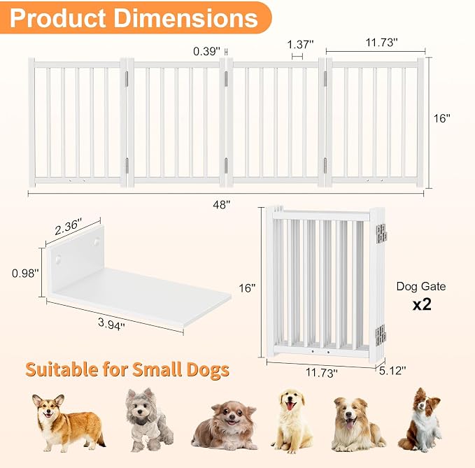 Snughome 2 Pack Short Dog Gate Indoor, 16" High Freestanding Small Dog Gates with Support Feet, Expand Up to 48’’Wide Foldable Pet Gate for Doorway, 8 Panel Pet Door Pet Fence for Puppy, White