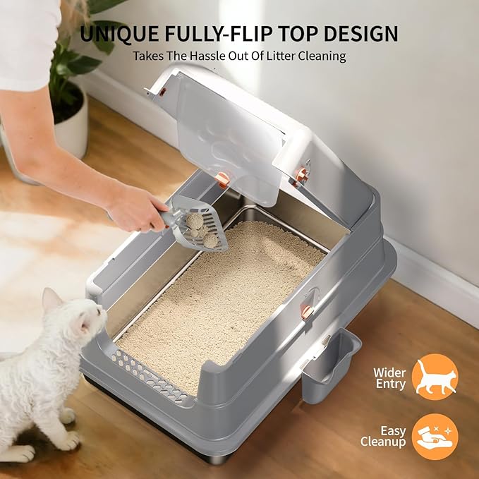 Stainless Steel Cat Litter Box with Lid, Small Enclosed Metal Litter Pan with High Sides, Full Flip Cover Litter Box for Kittens, Include Scoop & Step, Leak Proof Easy Clean Odor Control, Grey
