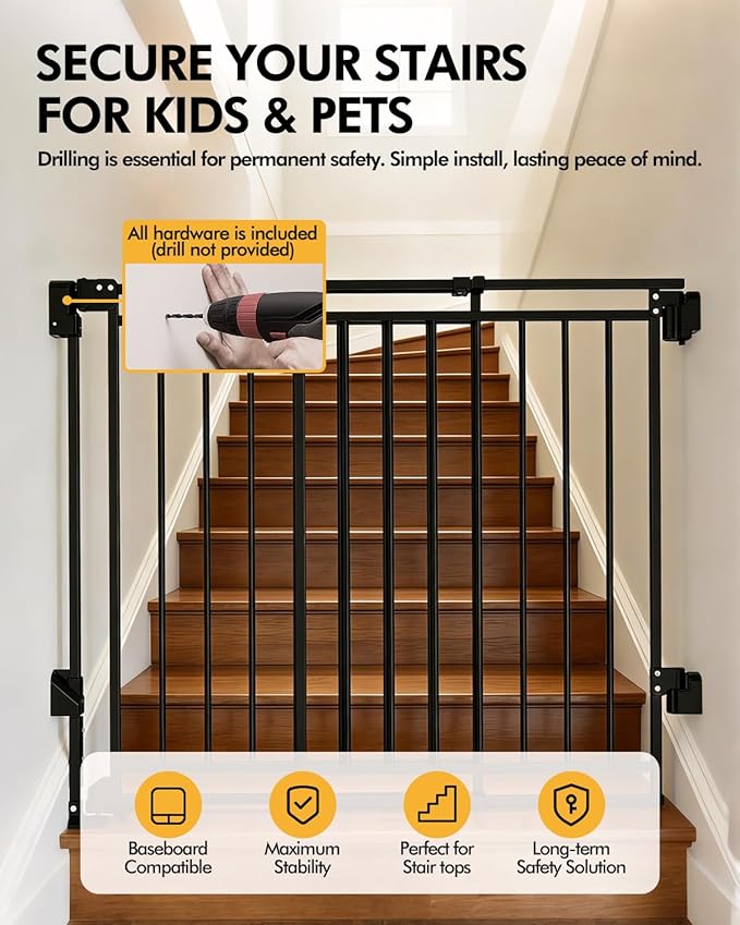 Baby Gate for Stairs, Doorways & Hallways with Auto Close – 32"-54" W x 29" H, Extra-Wide Walk Thru and No Bottom Bar for Easy Access, Adjustable Safety Gate for Dogs & Toddlers, Black