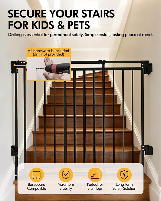 Extra Wide Baby Gate for Doorways 29" Tall Safety Gate for Kids&Pets,Pressure Mounted with Auto Close,Walk-Thru Metal Gate,Adjustable Width 26.4"-43",Indoor Pet Gate for Stairs & Hallways Black